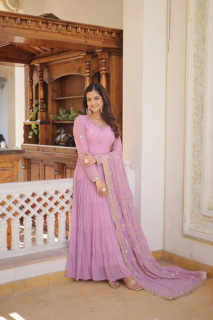 Pista Pink Georgette Embroidered Anarkali Gown with Dupatta