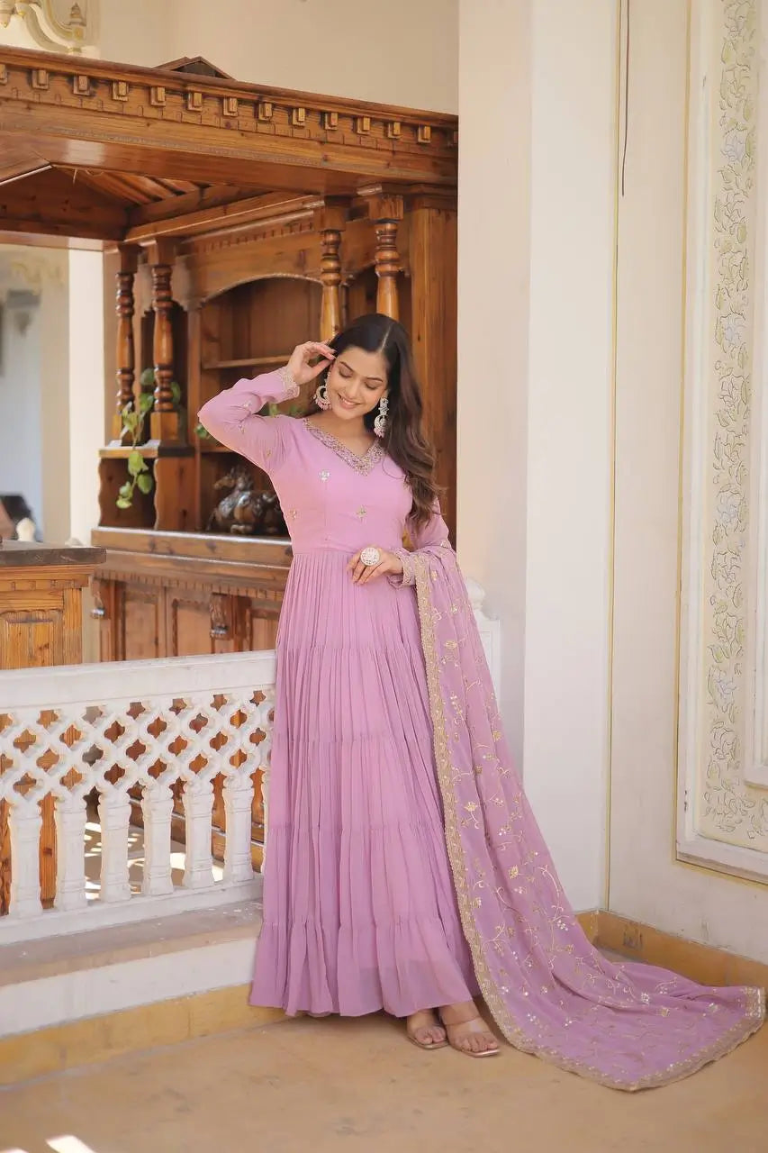 Pista Pink Georgette Embroidered Anarkali Gown with Dupatta