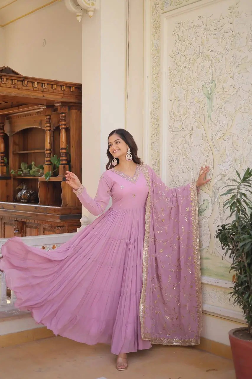 Pista Pink Georgette Embroidered Anarkali Gown with Dupatta