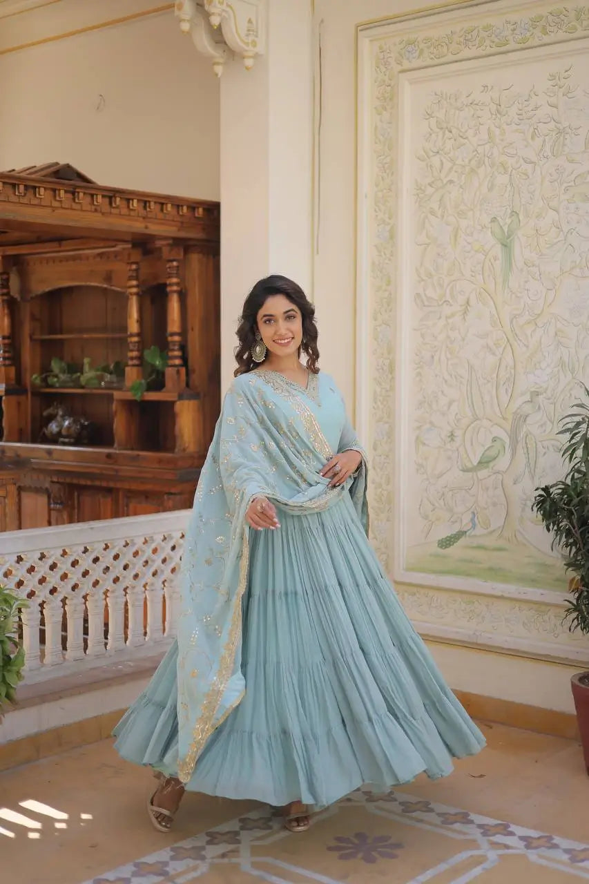 Pista Sky Georgette Embroidered Anarkali Gown with Dupatta