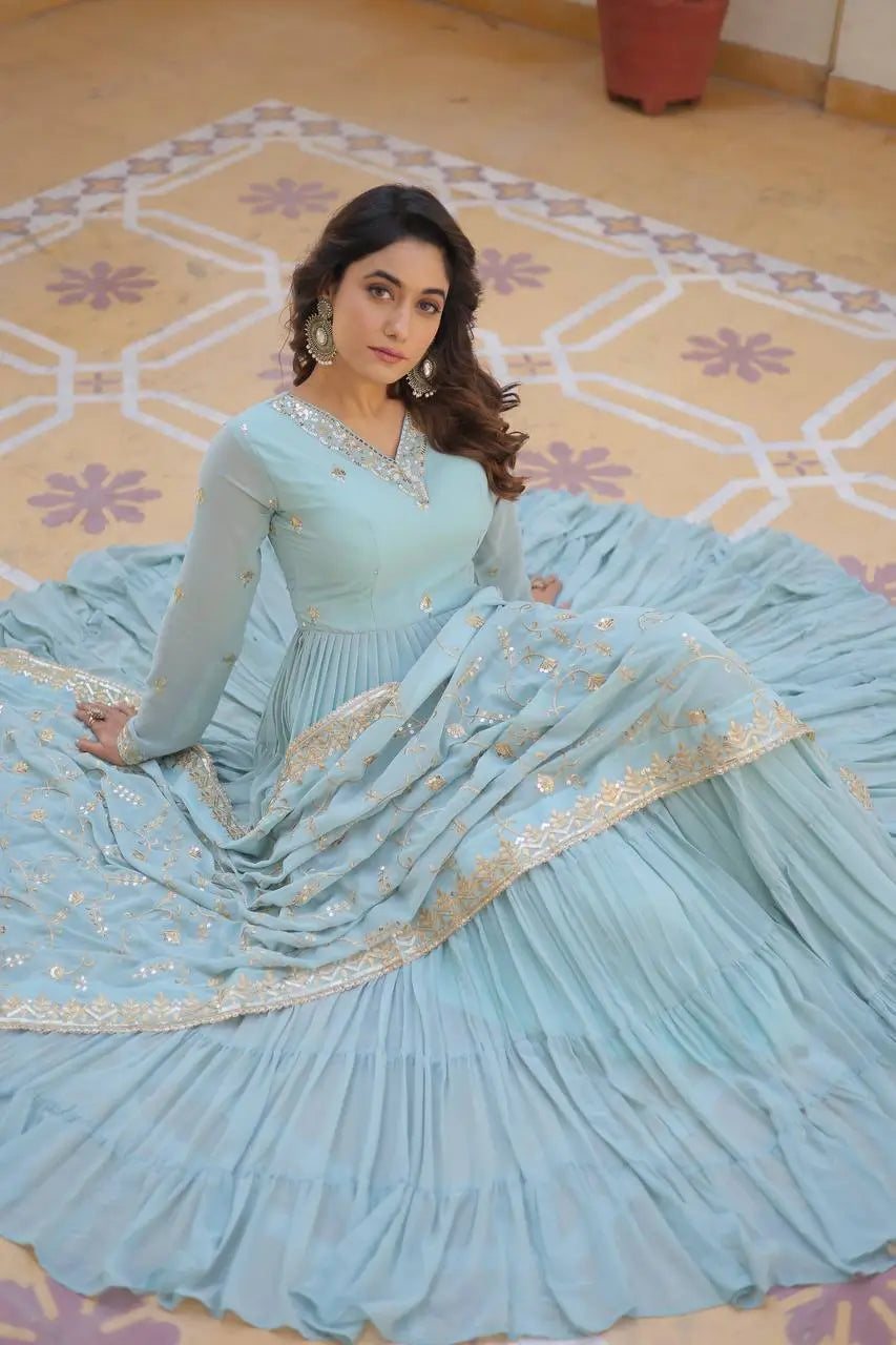 Pista Sky Georgette Embroidered Anarkali Gown with Dupatta