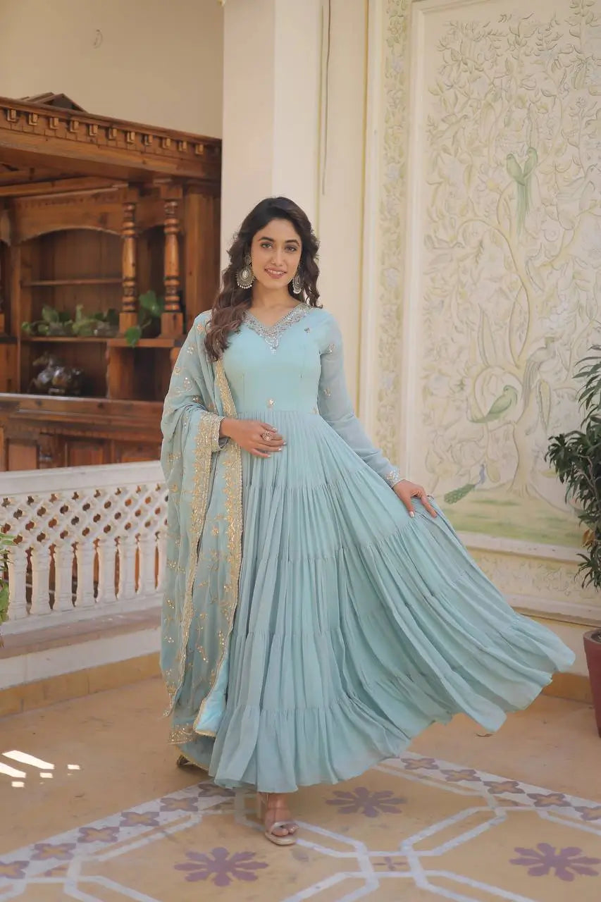 Pista Sky Georgette Embroidered Anarkali Gown with Dupatta