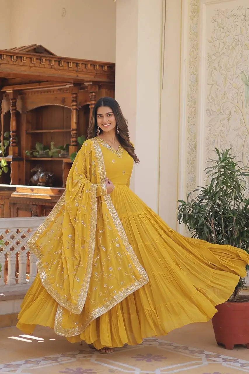 Pista Yellow Georgette Embroidered Anarkali Gown with Dupatta
