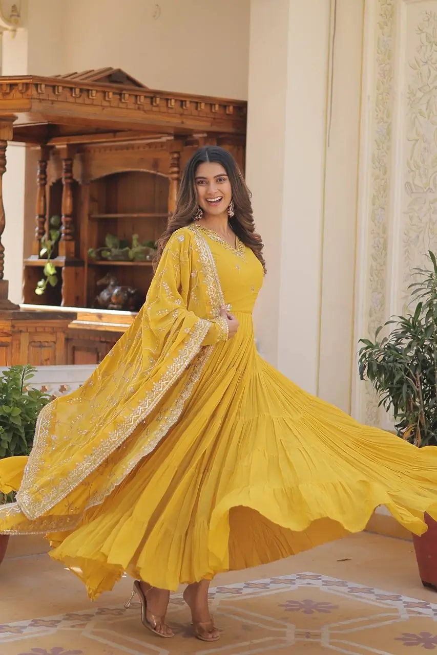 Pista Yellow Georgette Embroidered Anarkali Gown with Dupatta