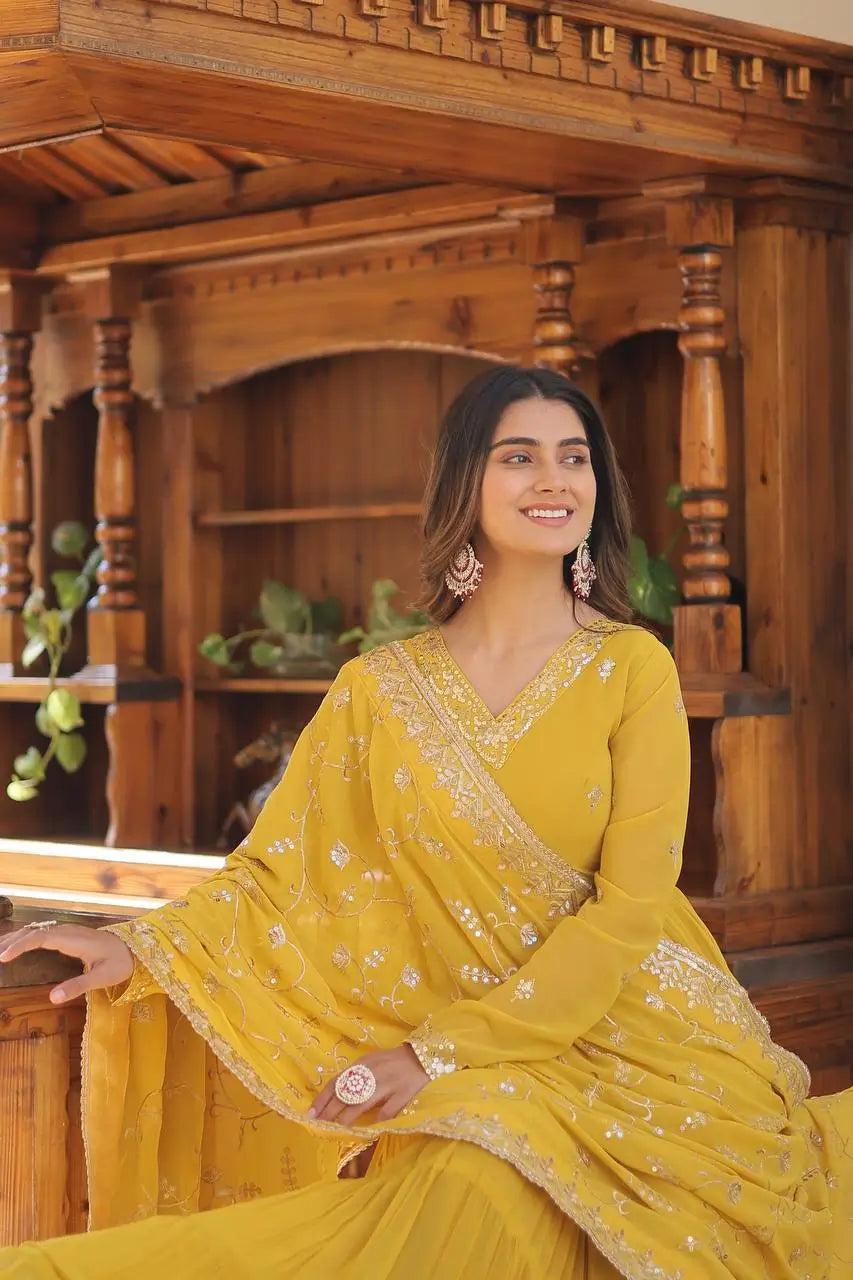 Pista Yellow Georgette Embroidered Anarkali Gown with Dupatta