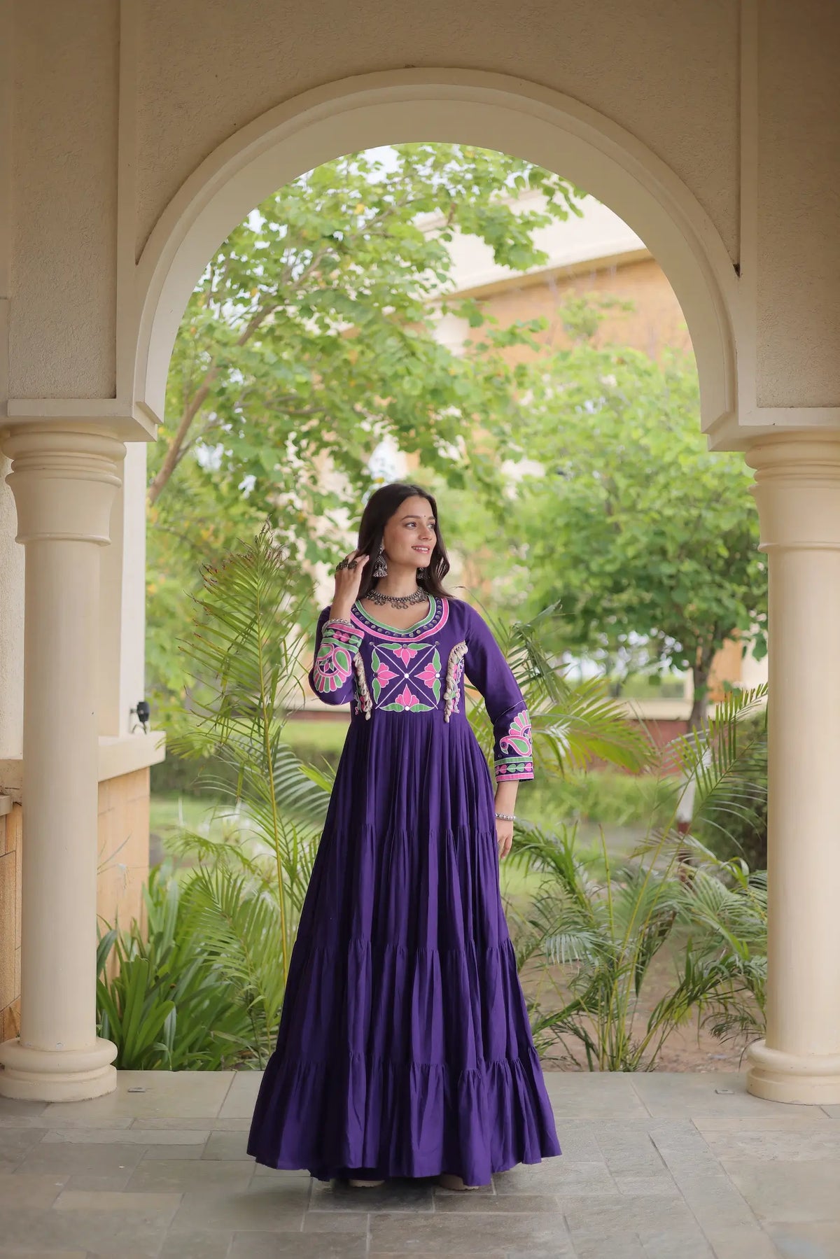 Purple Navratri Gown With Embroidery & Mirror Work