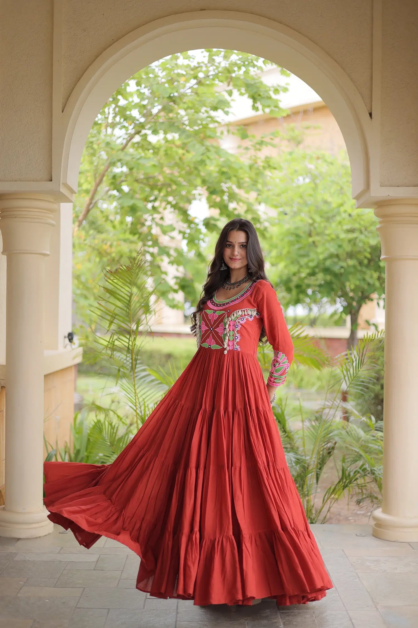 Rust Navratri Gown With Embroidery & Mirror Work