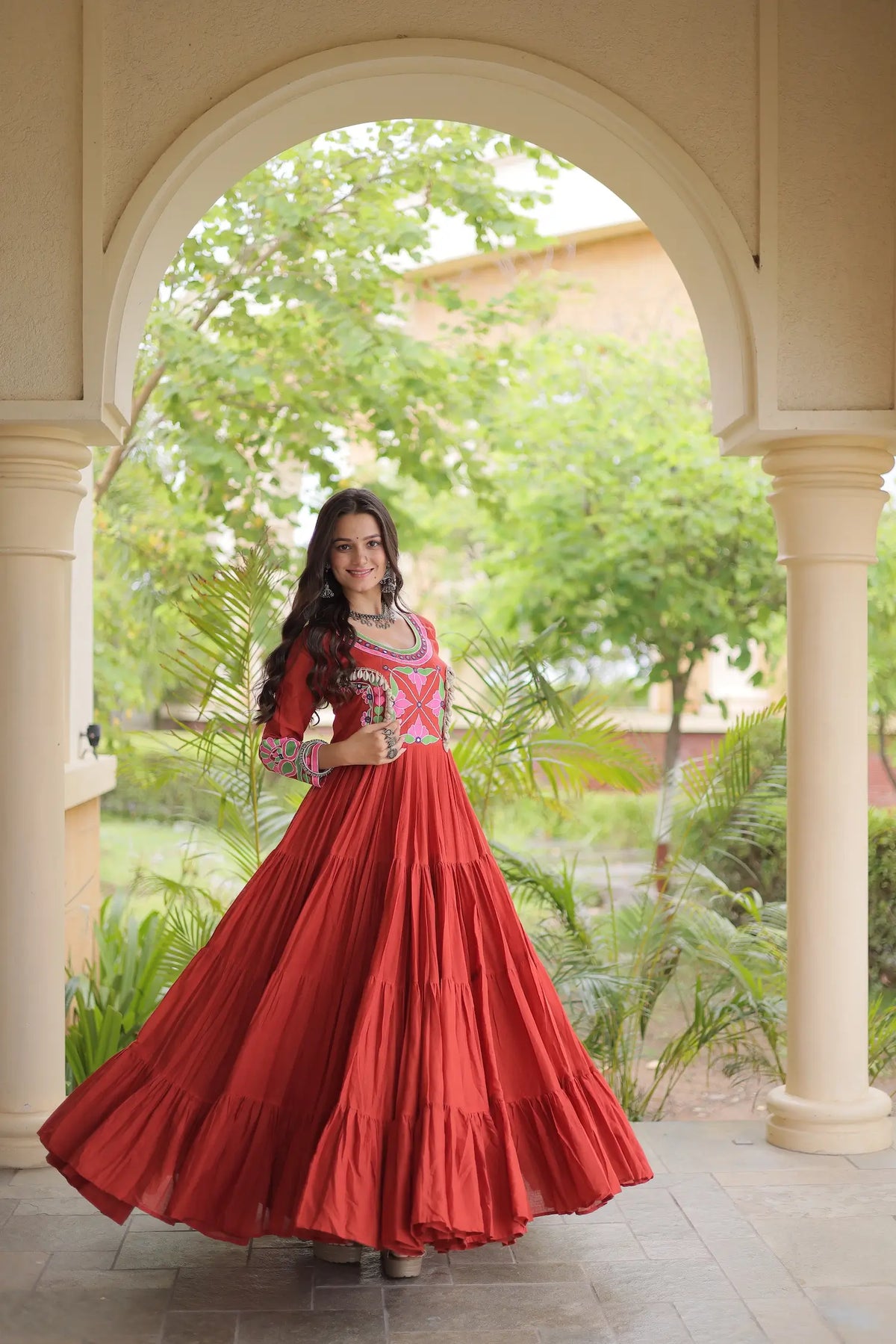 Rust Navratri Gown With Embroidery & Mirror Work