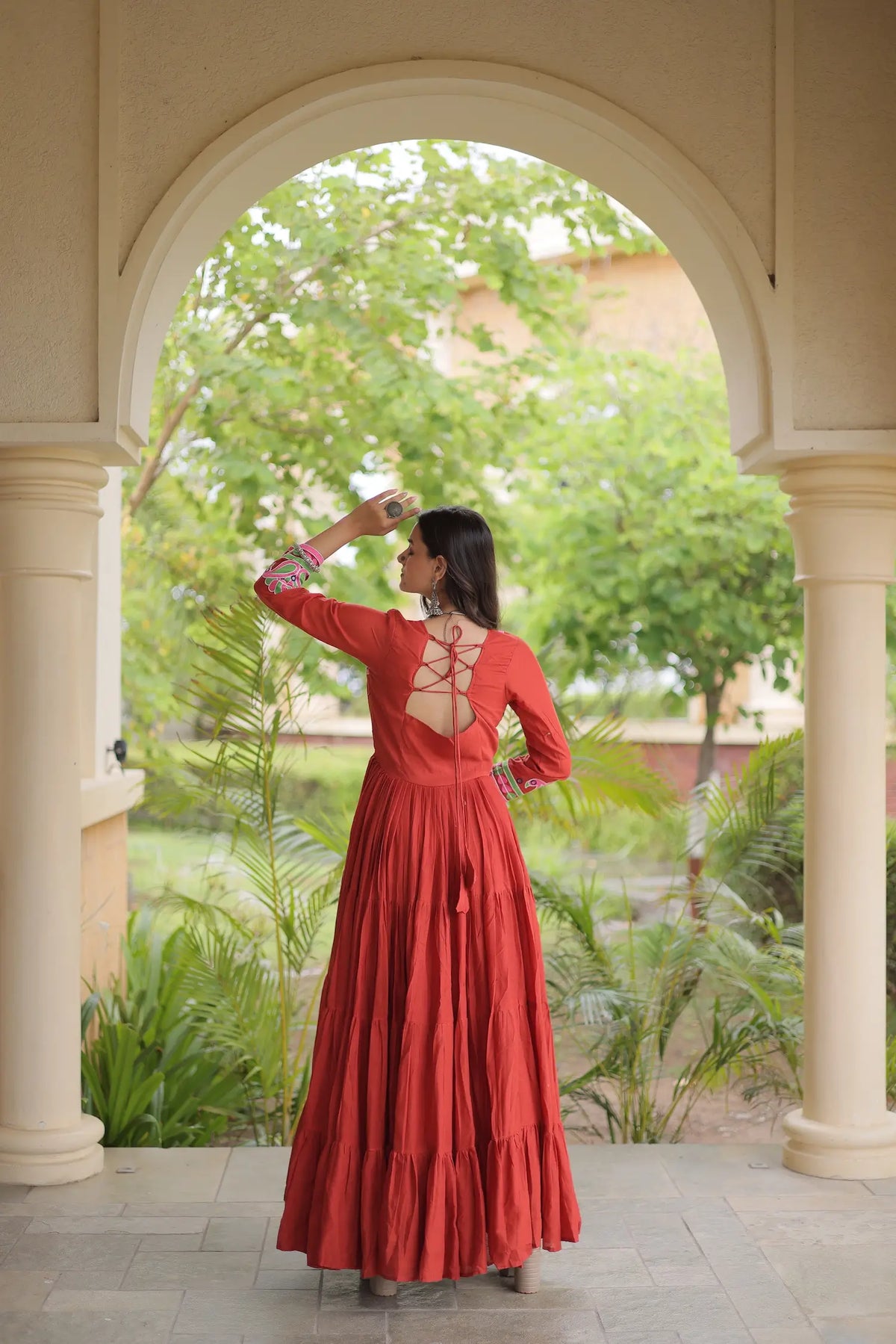 Rust Navratri Gown With Embroidery & Mirror Work