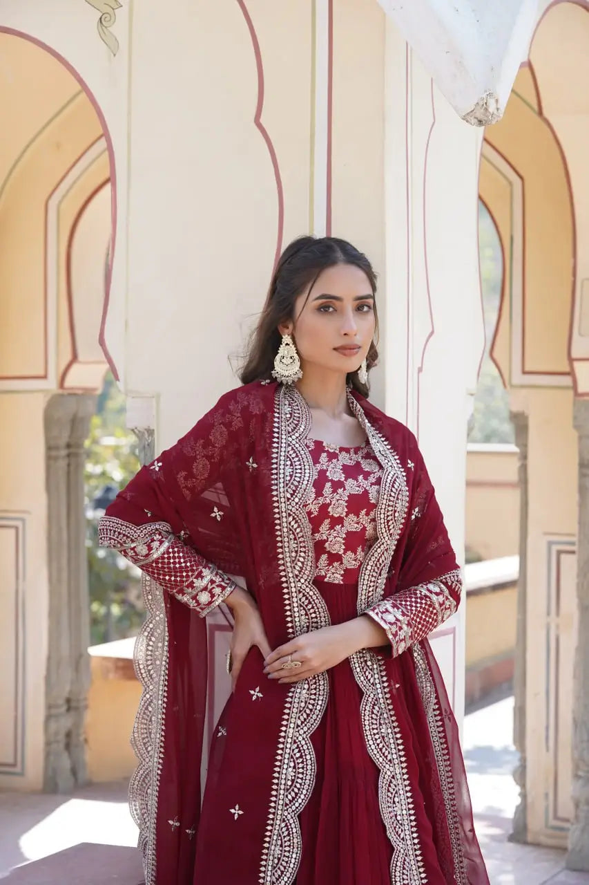 Maroon Designer Sequins Gown with Dupatta | Heavy 12m Flair | Festive & Party Wear