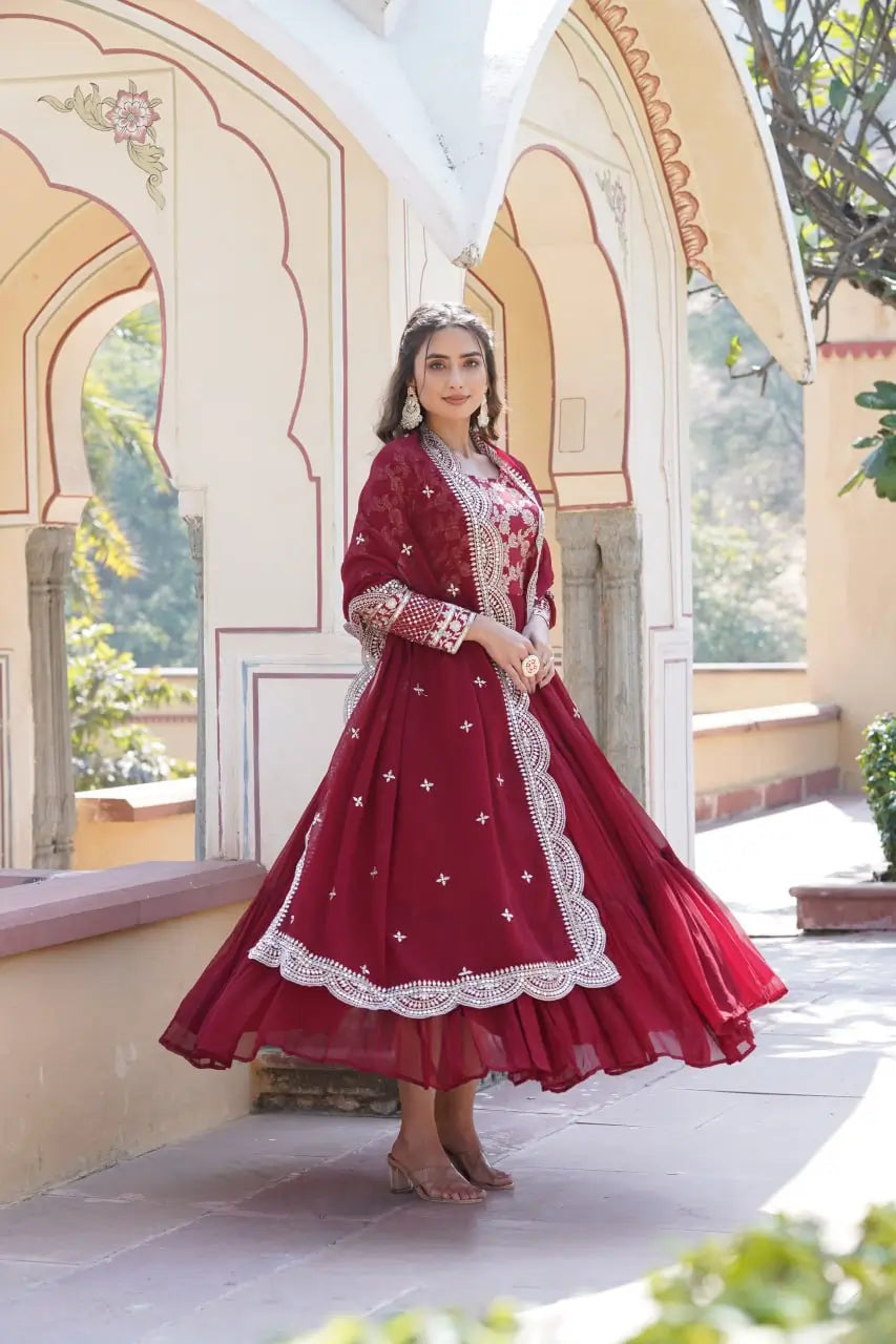 Maroon Designer Sequins Gown with Dupatta | Heavy 12m Flair | Festive & Party Wear