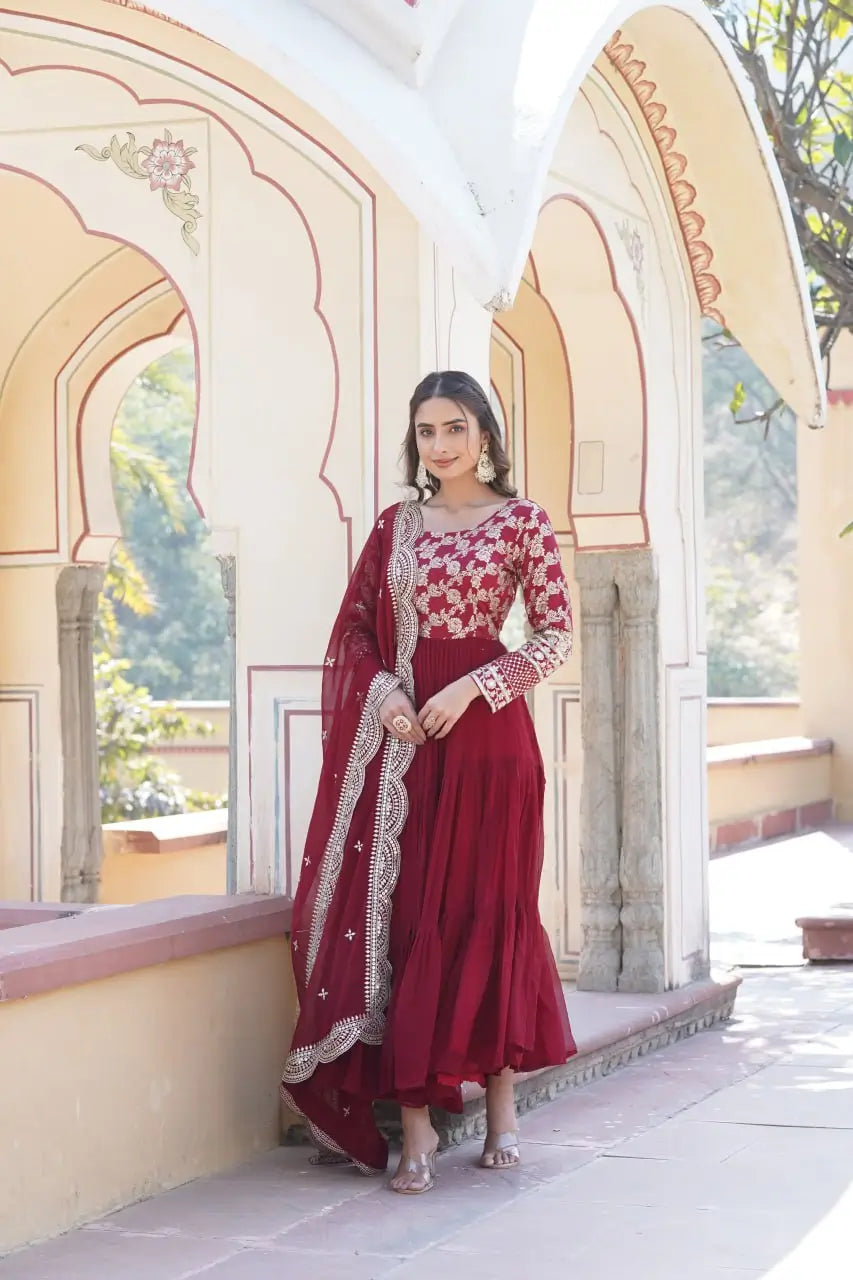 Maroon Designer Sequins Gown with Dupatta | Heavy 12m Flair | Festive & Party Wear