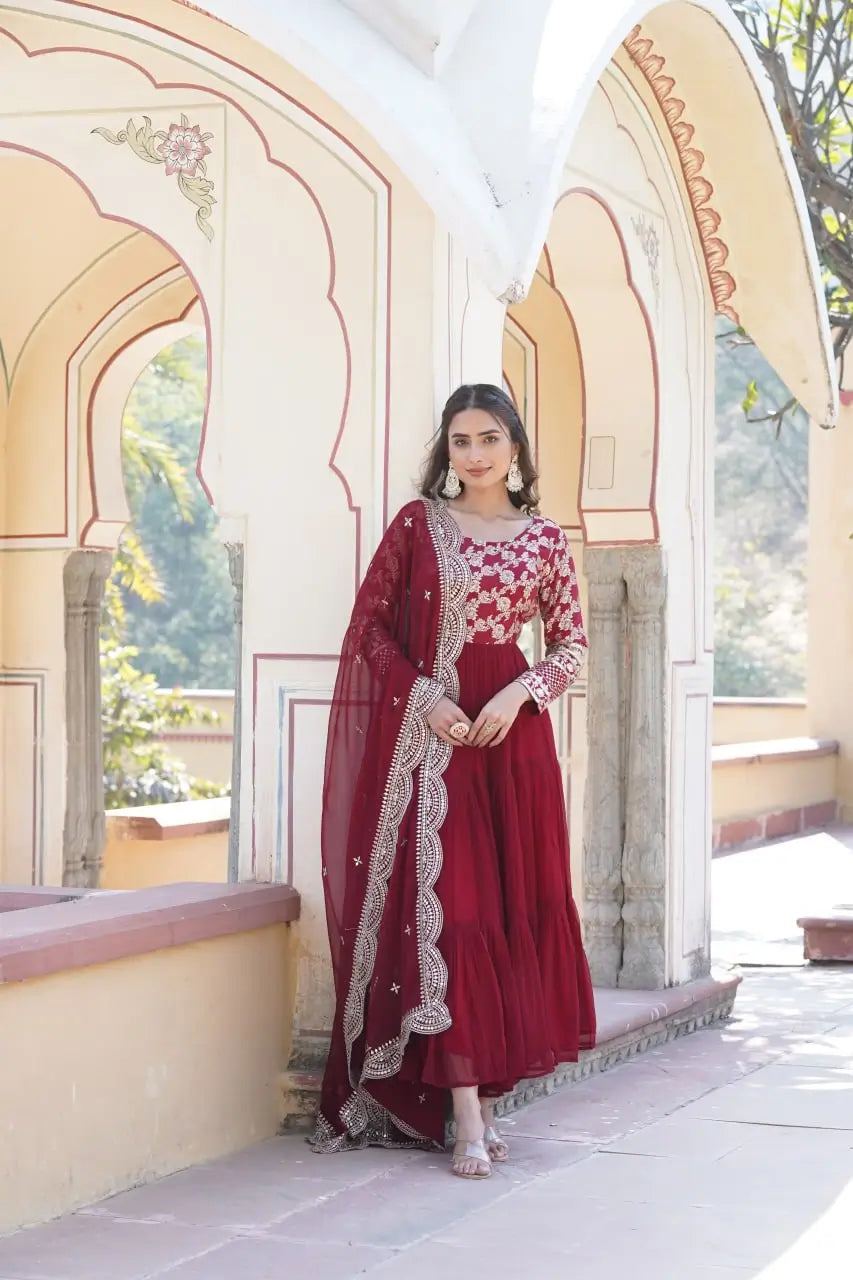 Maroon Designer Sequins Gown with Dupatta | Heavy 12m Flair | Festive & Party Wear