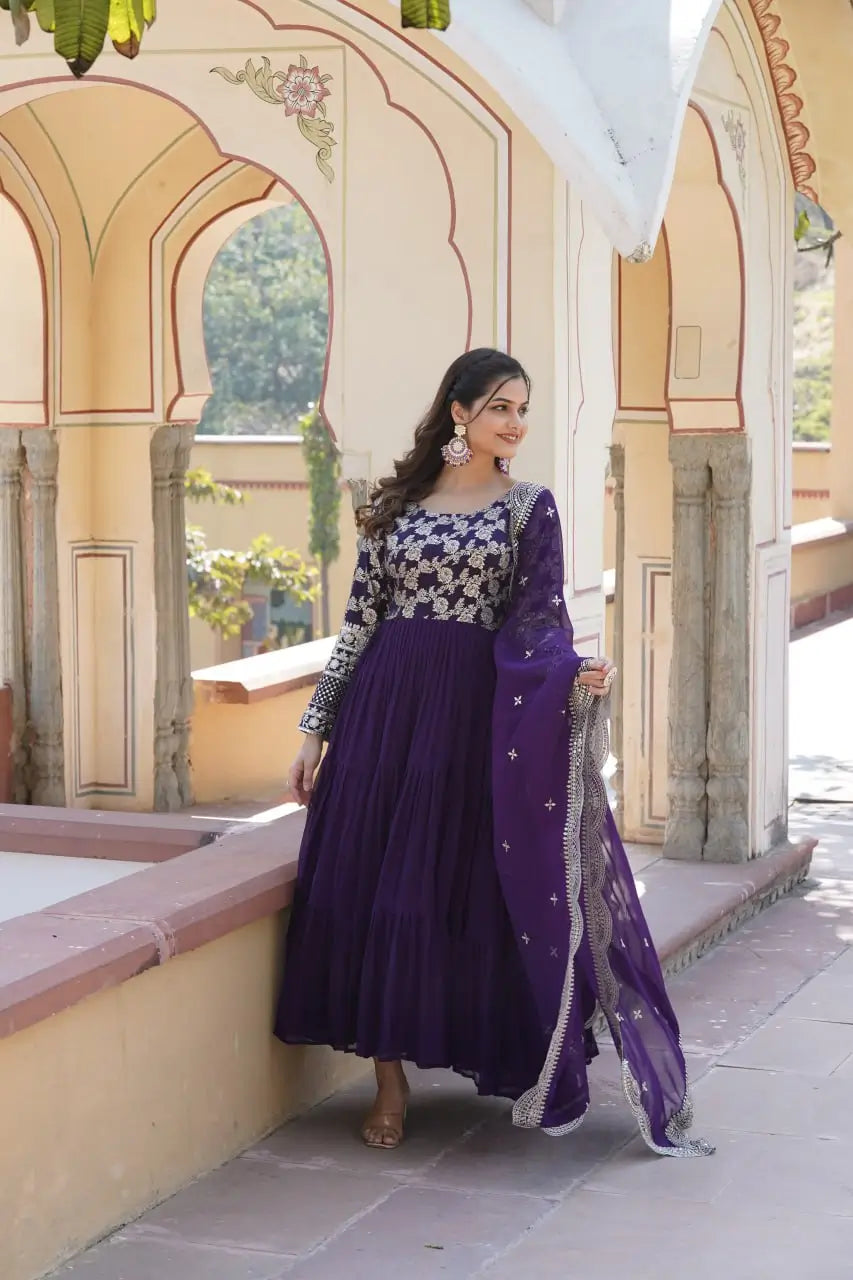 Purple Designer Sequins Gown with Dupatta | Heavy 12m Flair | Festive & Party Wear