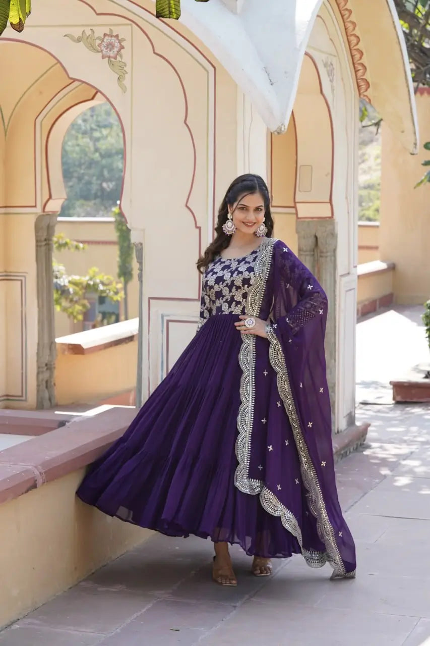 Purple Designer Sequins Gown with Dupatta | Heavy 12m Flair | Festive & Party Wear