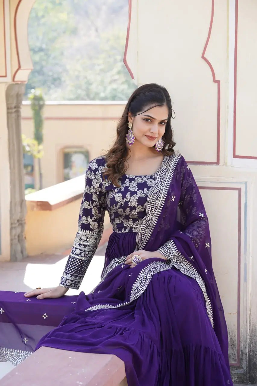 Purple Designer Sequins Gown with Dupatta | Heavy 12m Flair | Festive & Party Wear