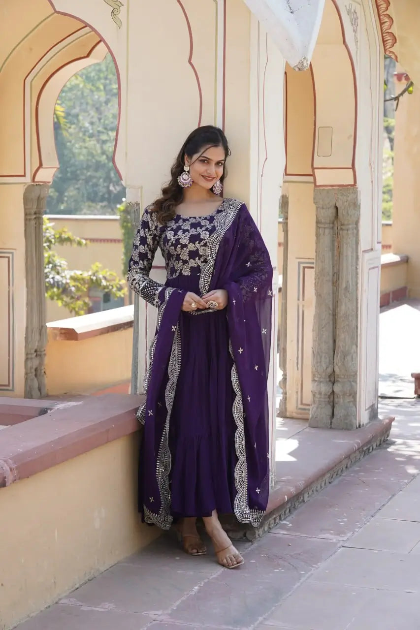 Purple Designer Sequins Gown with Dupatta | Heavy 12m Flair | Festive & Party Wear