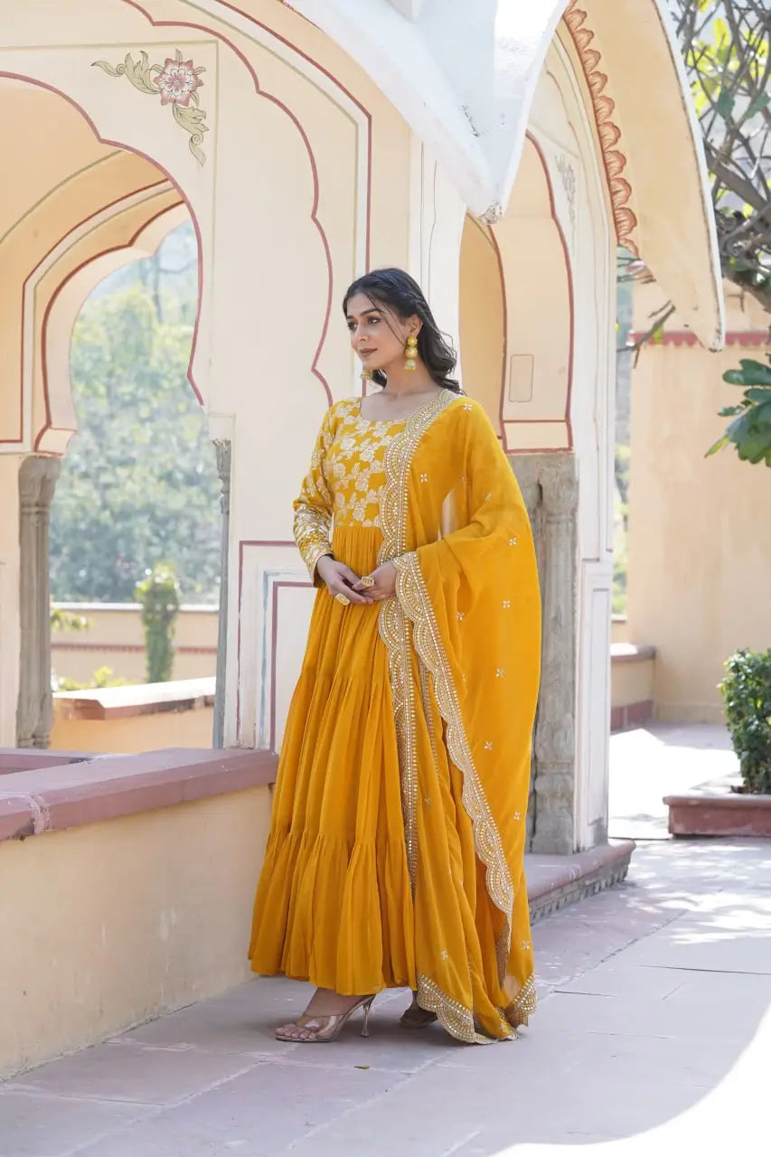 Yellow Designer Sequins Gown with Dupatta | Heavy 12m Flair | Festive & Party Wear
