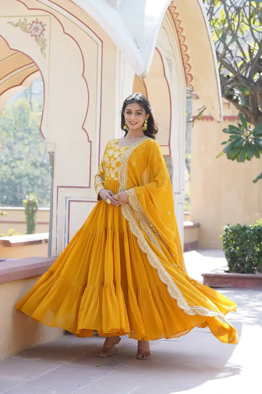 Yellow Designer Sequins Gown with Dupatta | Heavy 12m Flair | Festive & Party Wear