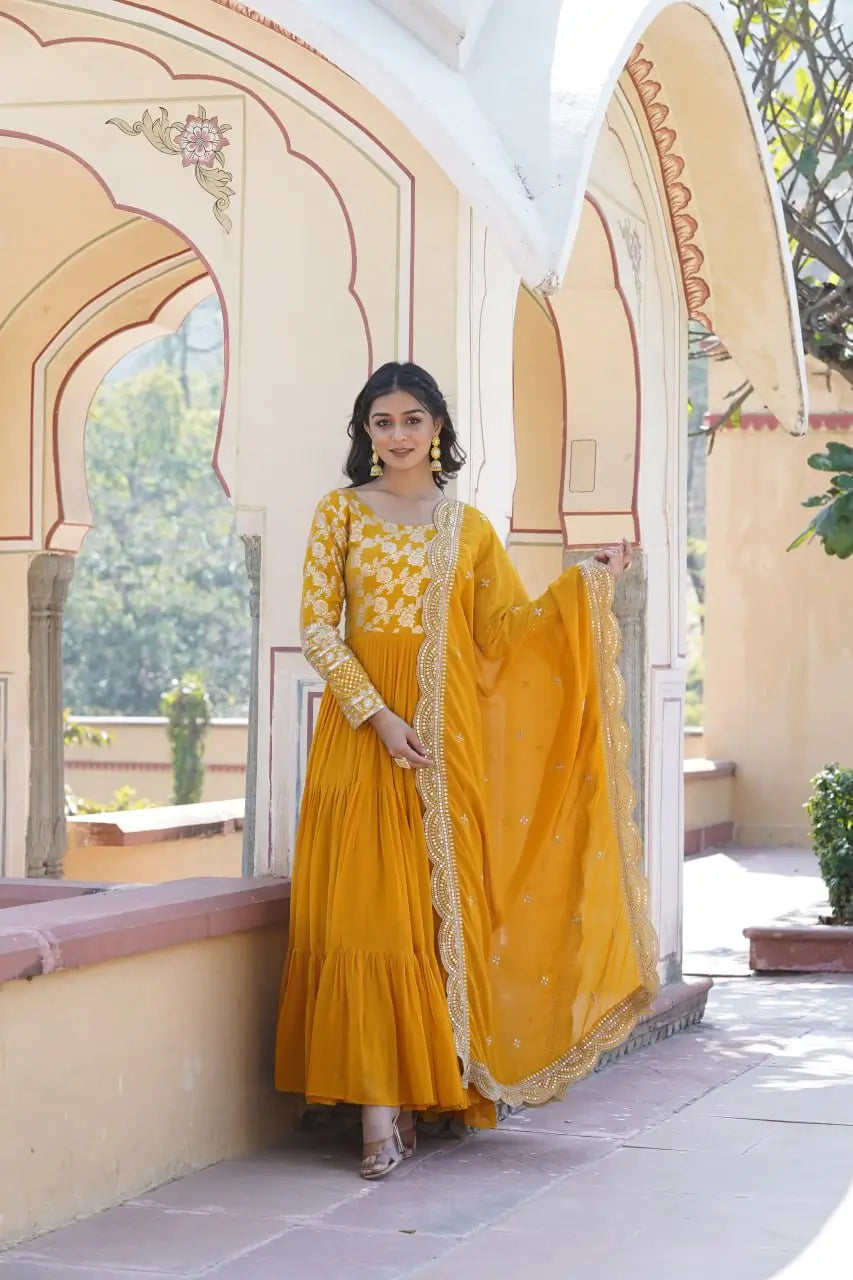 Yellow Designer Sequins Gown with Dupatta | Heavy 12m Flair | Festive & Party Wear