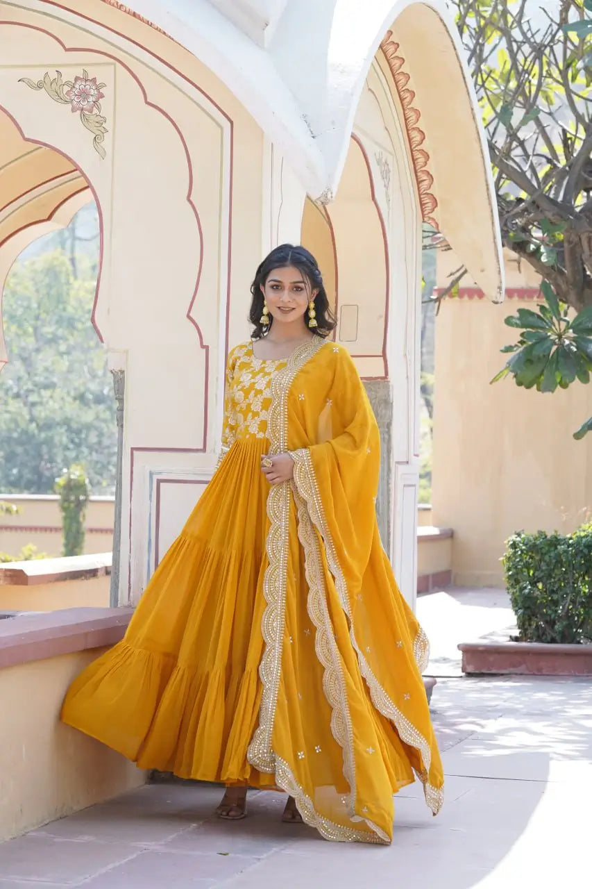 Yellow Designer Sequins Gown with Dupatta | Heavy 12m Flair | Festive & Party Wear