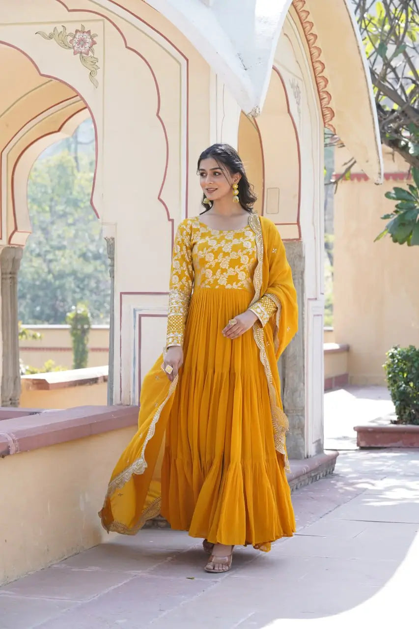 Yellow Designer Sequins Gown with Dupatta | Heavy 12m Flair | Festive & Party Wear