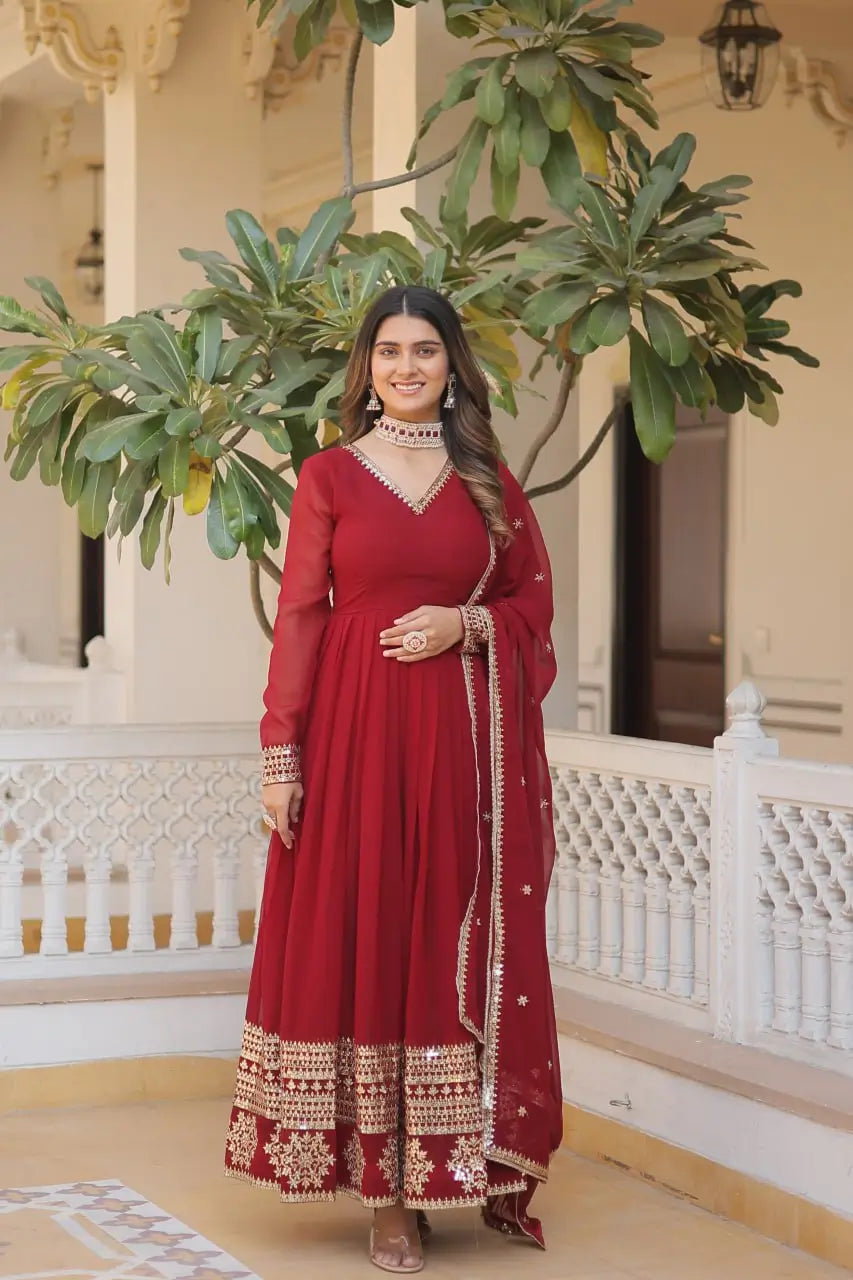 Maroon Women’s Faux Blooming Embroidered Anarkali Gown with Dupatta