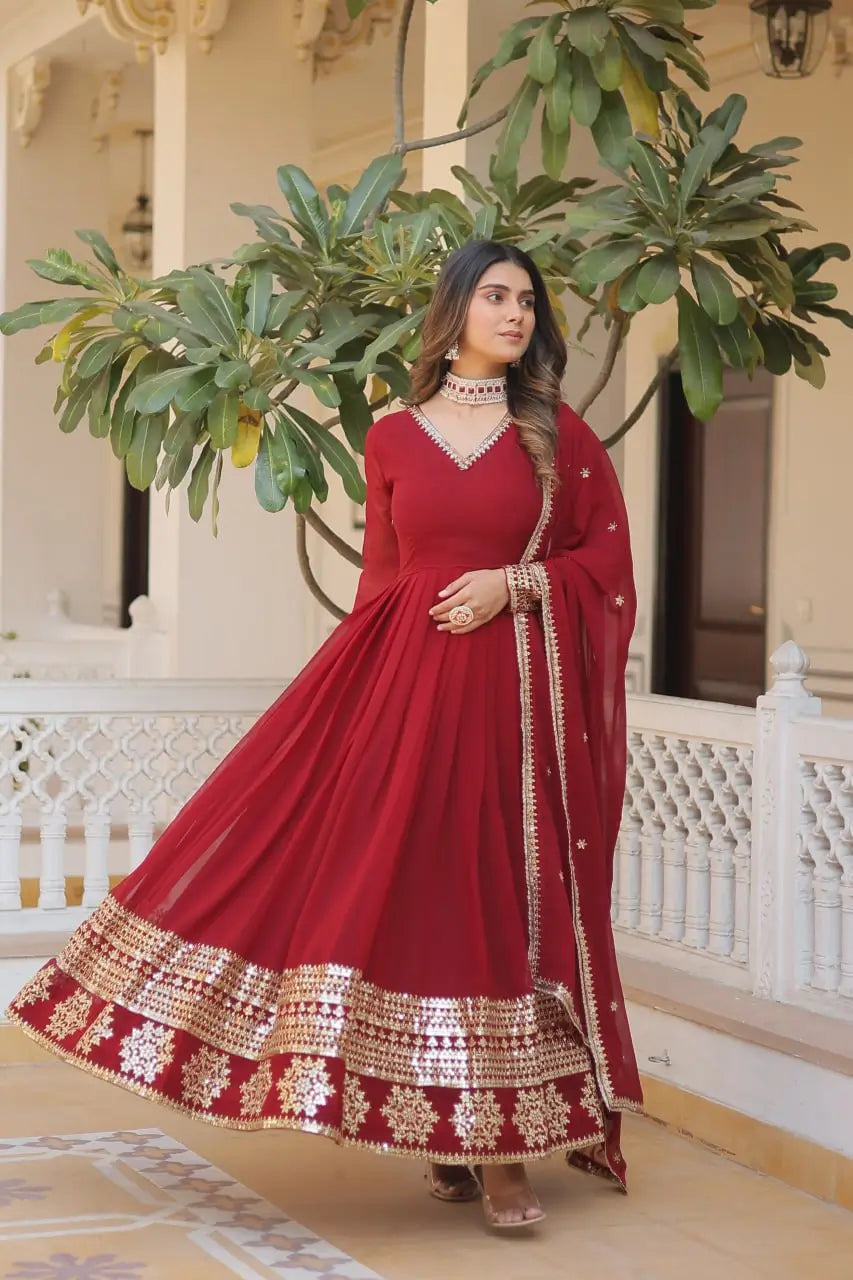 Maroon Women’s Faux Blooming Embroidered Anarkali Gown with Dupatta