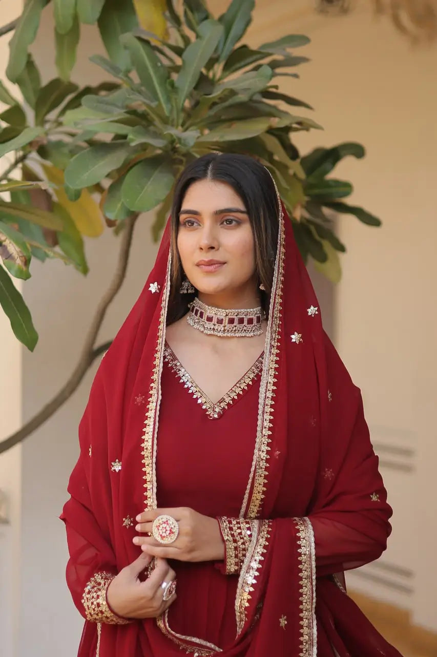 Maroon Women’s Faux Blooming Embroidered Anarkali Gown with Dupatta