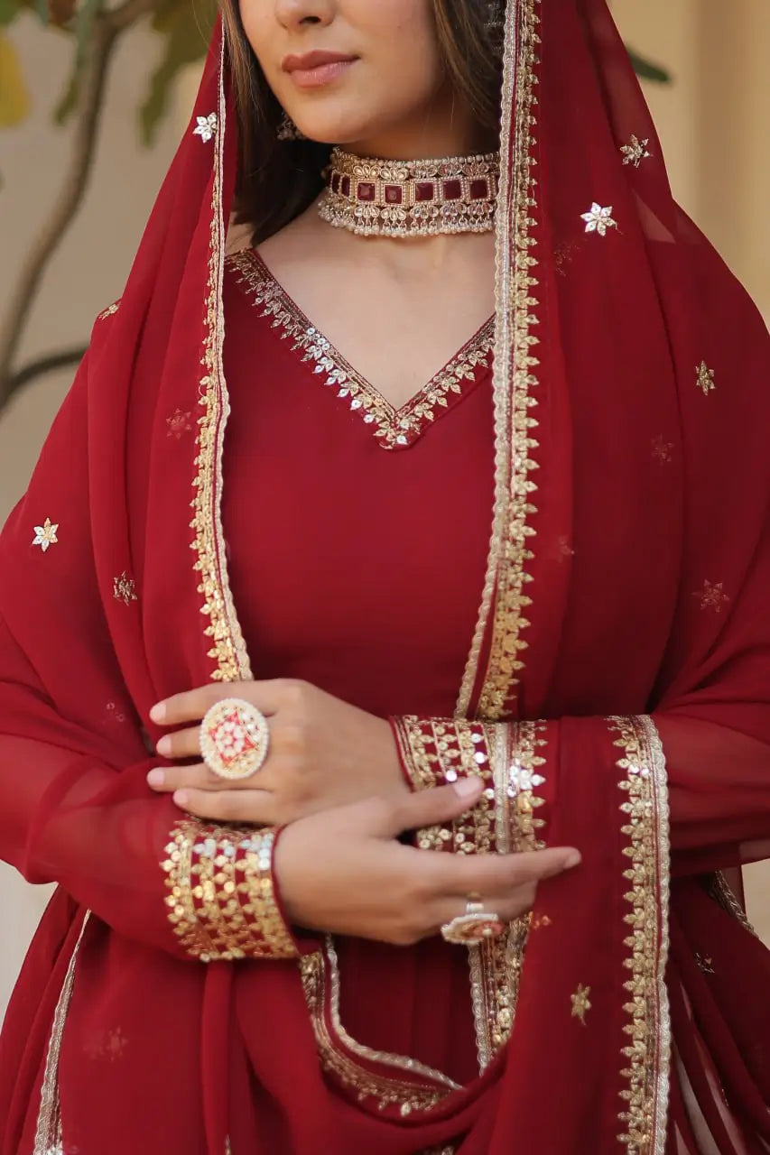Maroon Women’s Faux Blooming Embroidered Anarkali Gown with Dupatta