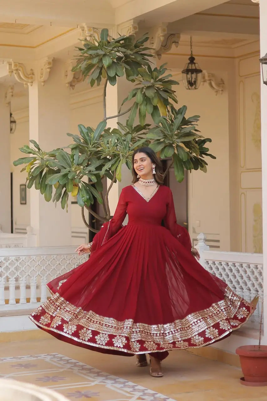 Maroon Women’s Faux Blooming Embroidered Anarkali Gown with Dupatta