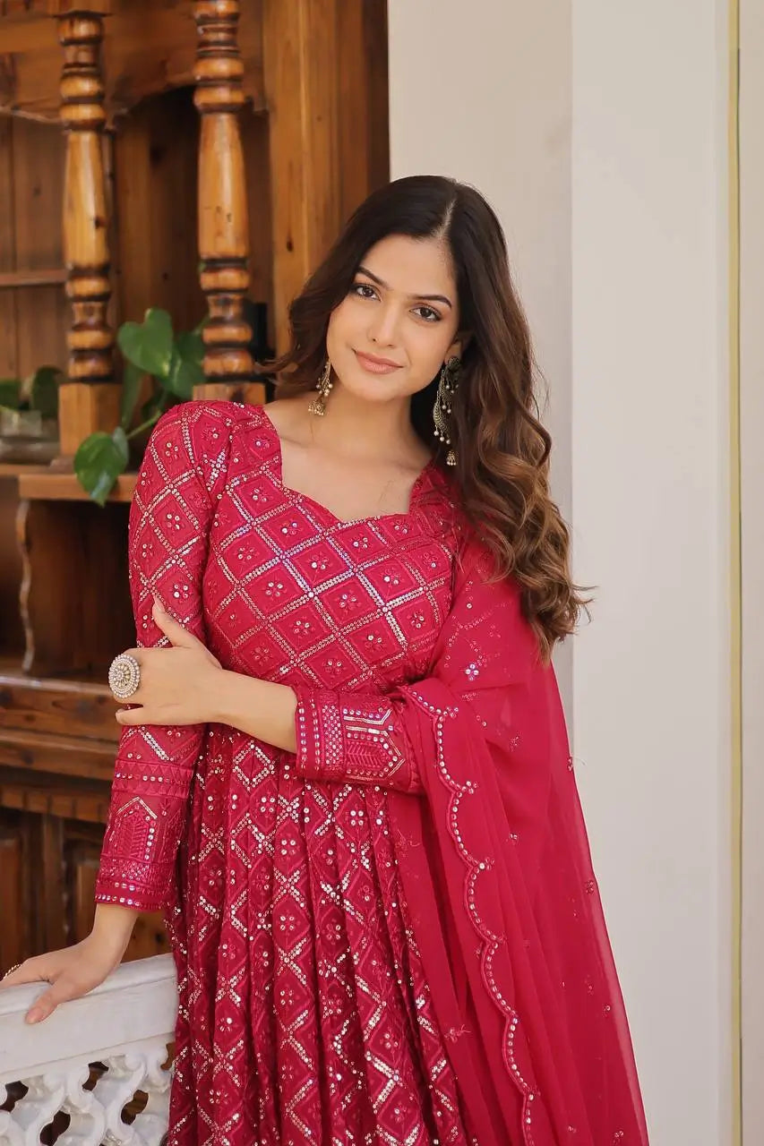 Pink Georgette Heavy Embroidered Anarkali Gown with Dupatta