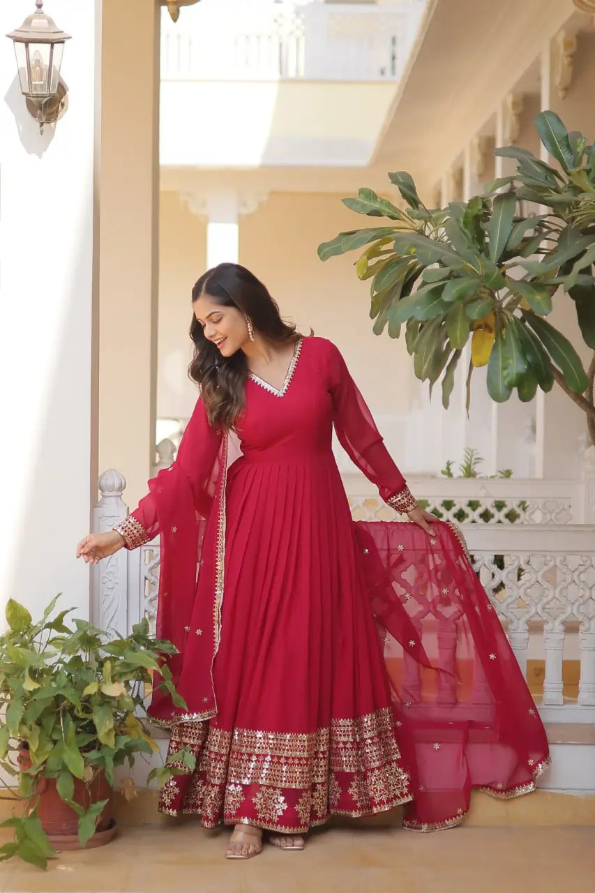 Pink Women’s Faux Blooming Embroidered Anarkali Gown with Dupatta