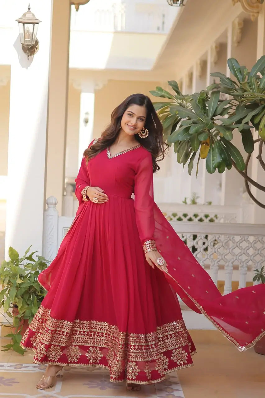 Pink Women’s Faux Blooming Embroidered Anarkali Gown with Dupatta