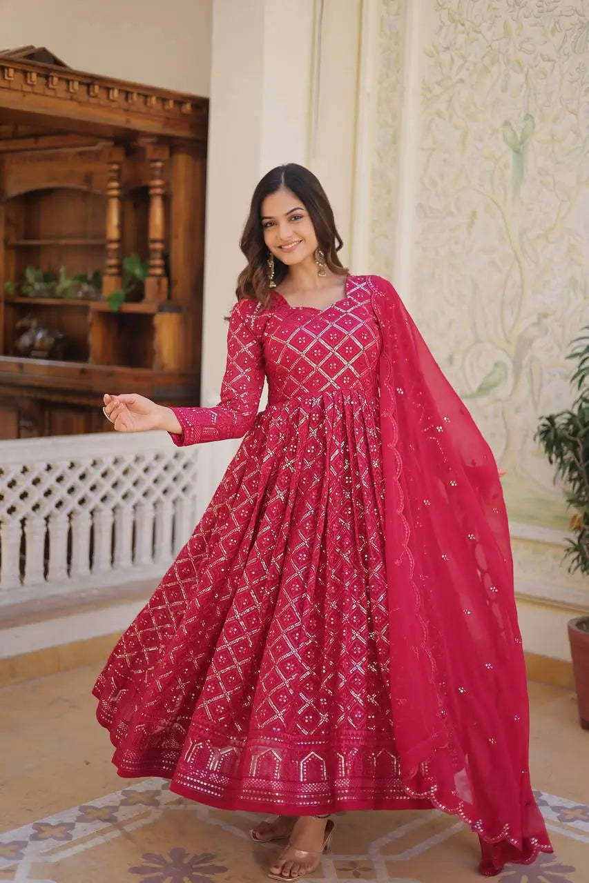 Pink Georgette Heavy Embroidered Anarkali Gown with Dupatta