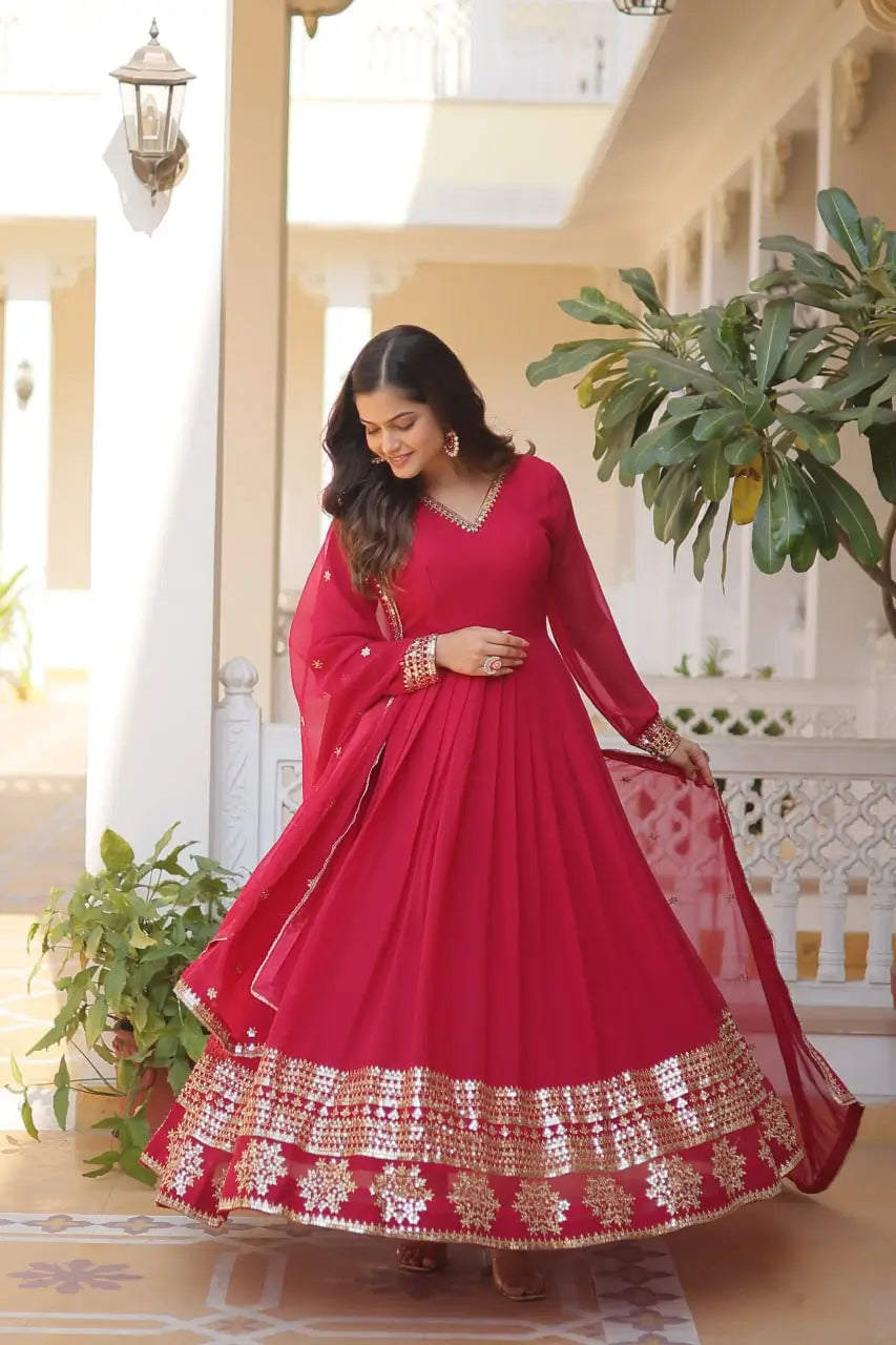 Pink Women’s Faux Blooming Embroidered Anarkali Gown with Dupatta