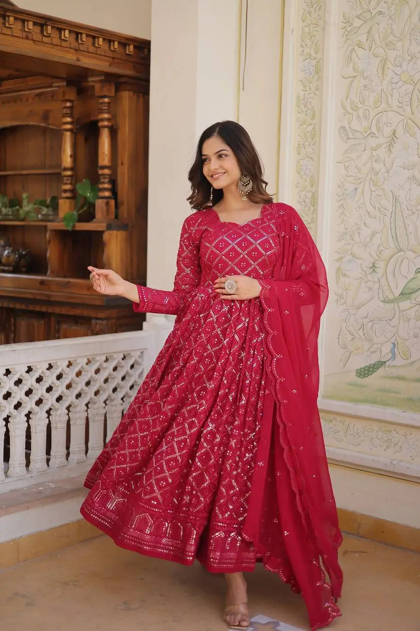 Pink Georgette Heavy Embroidered Anarkali Gown with Dupatta