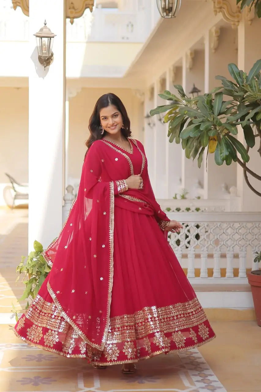 Pink Women’s Faux Blooming Embroidered Anarkali Gown with Dupatta