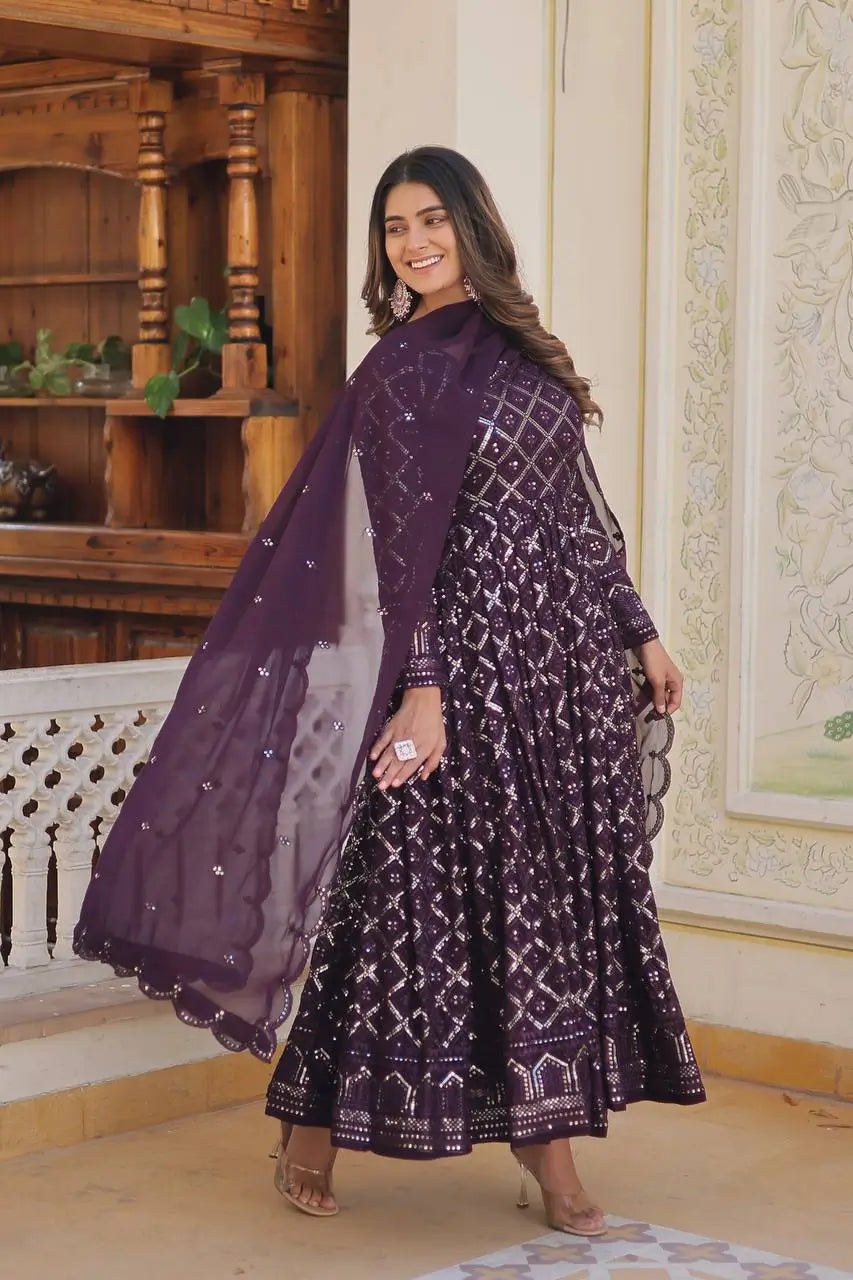 Wine Georgette Heavy Embroidered Anarkali Gown with Dupatta