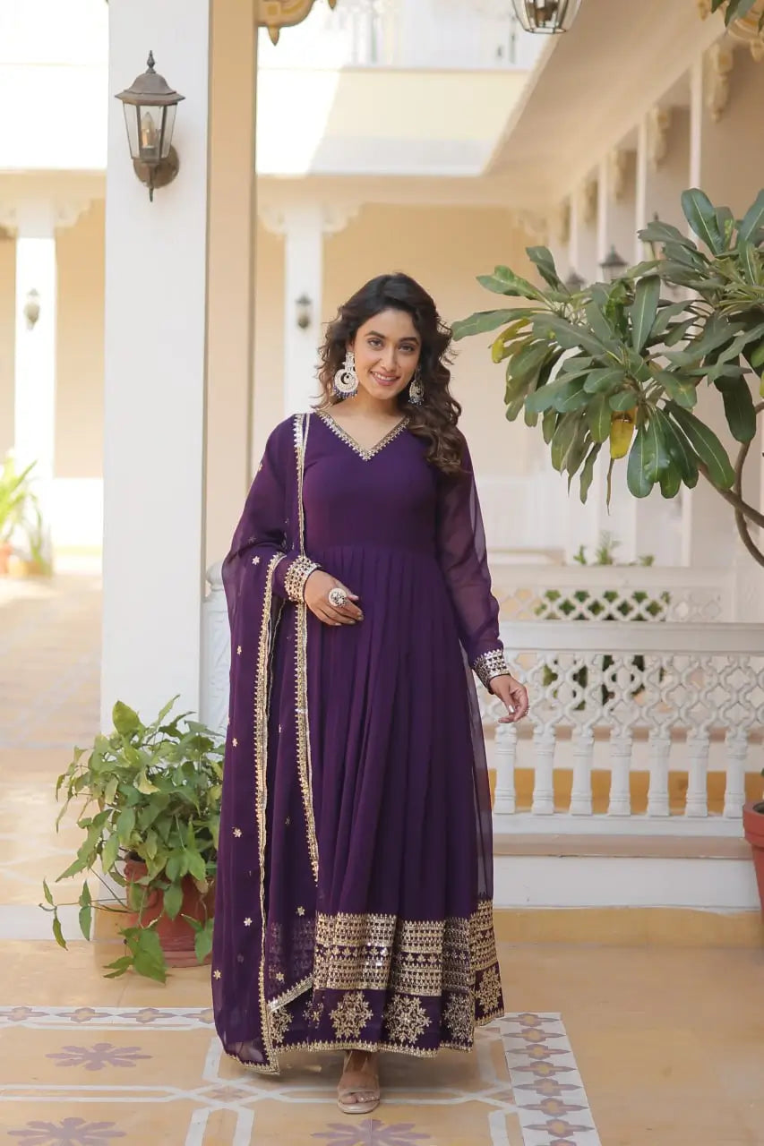 Wine Women’s Faux Blooming Embroidered Anarkali Gown with Dupatta