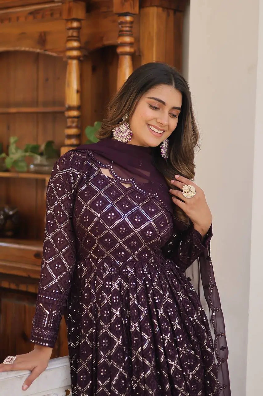 Wine Georgette Heavy Embroidered Anarkali Gown with Dupatta