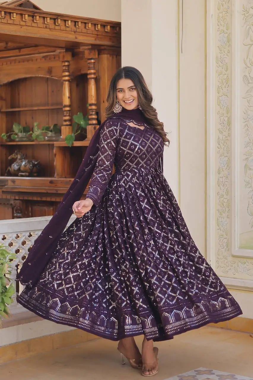 Wine Georgette Heavy Embroidered Anarkali Gown with Dupatta