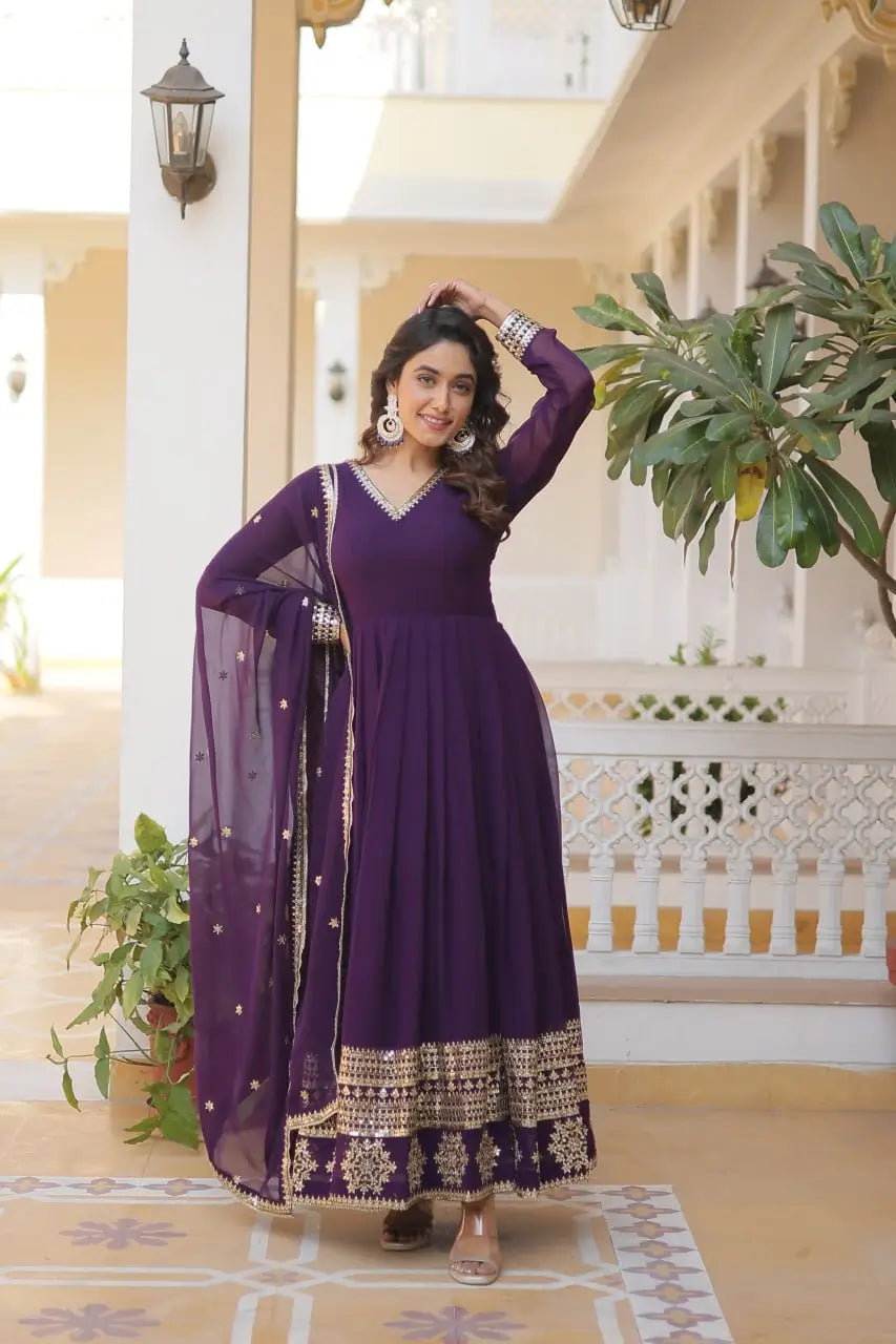 Wine Women’s Faux Blooming Embroidered Anarkali Gown with Dupatta
