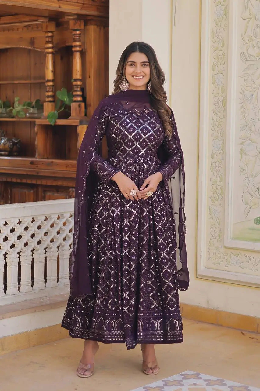 Wine Georgette Heavy Embroidered Anarkali Gown with Dupatta
