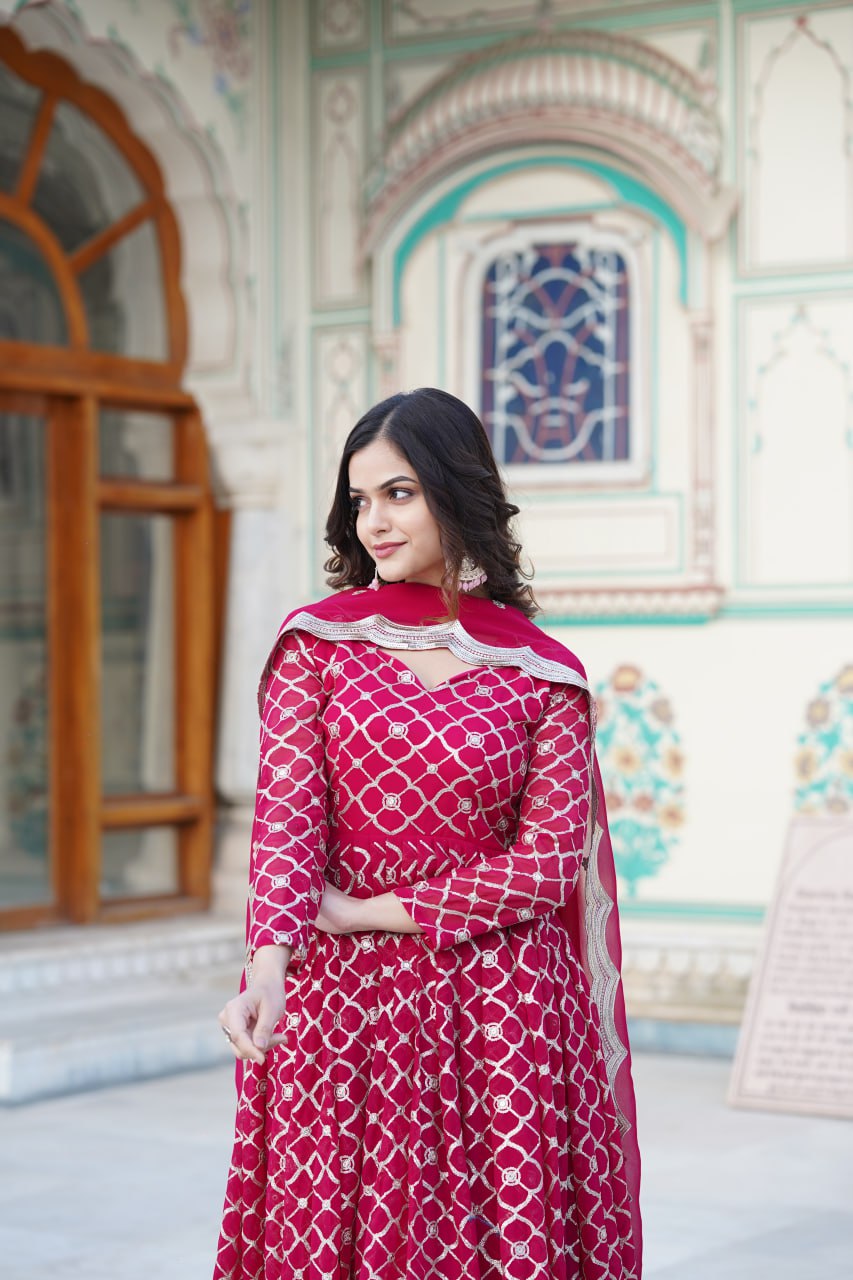 Rani Pink Faux Blooming Sequins Embroidered Anarkali Gown with Dupatta