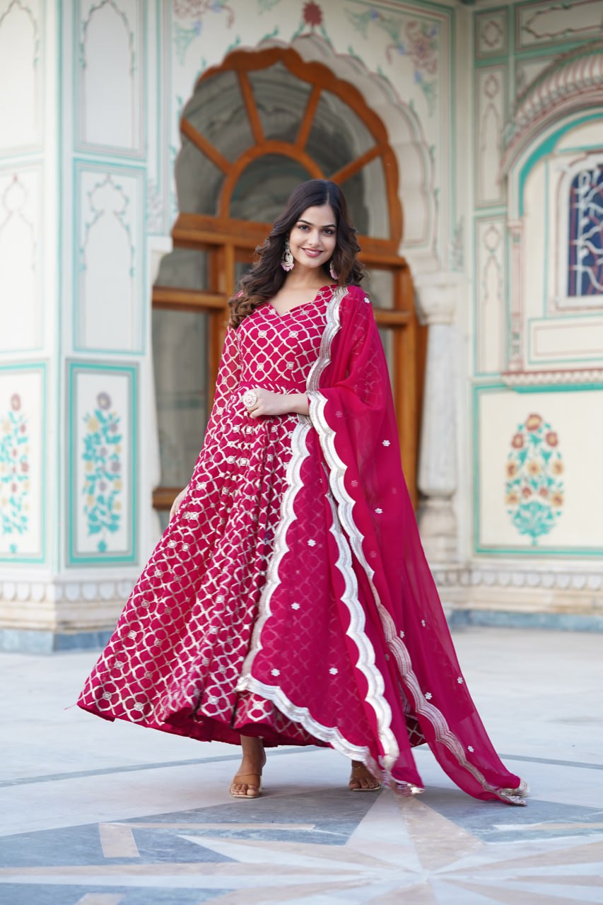 Rani Pink Faux Blooming Sequins Embroidered Anarkali Gown with Dupatta