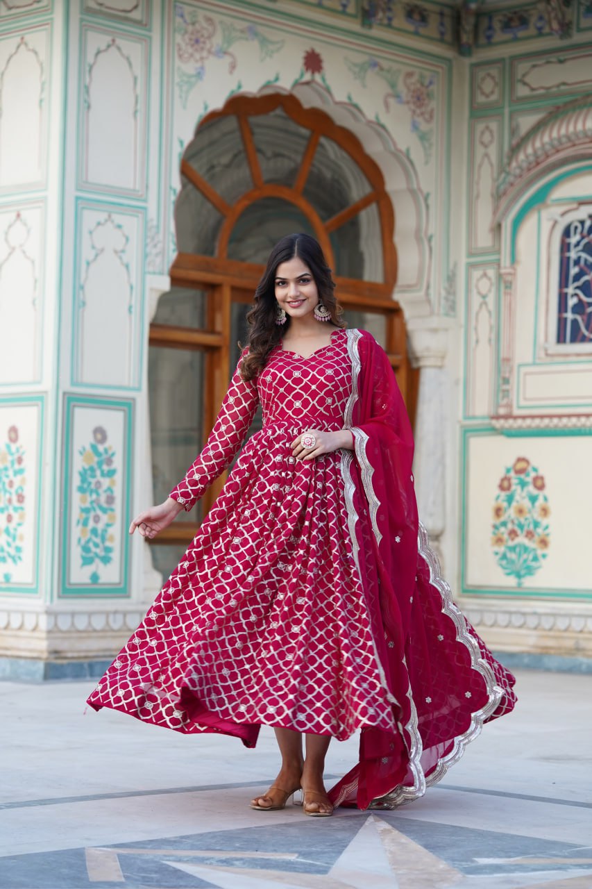 Rani Pink Faux Blooming Sequins Embroidered Anarkali Gown with Dupatta