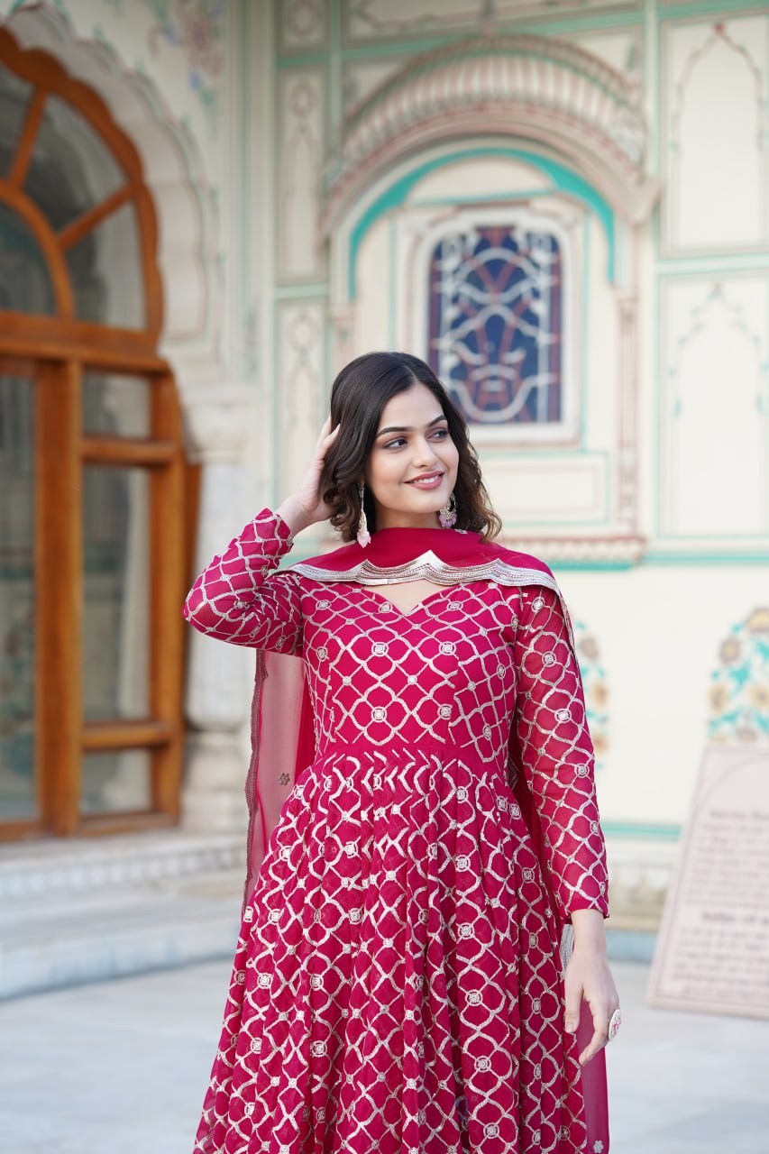 Rani Pink Faux Blooming Sequins Embroidered Anarkali Gown with Dupatta