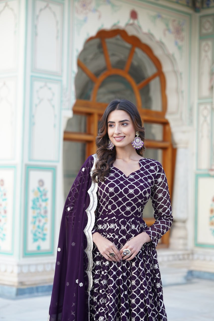 Wine Faux Blooming Sequins Embroidered Anarkali Gown with Dupatta
