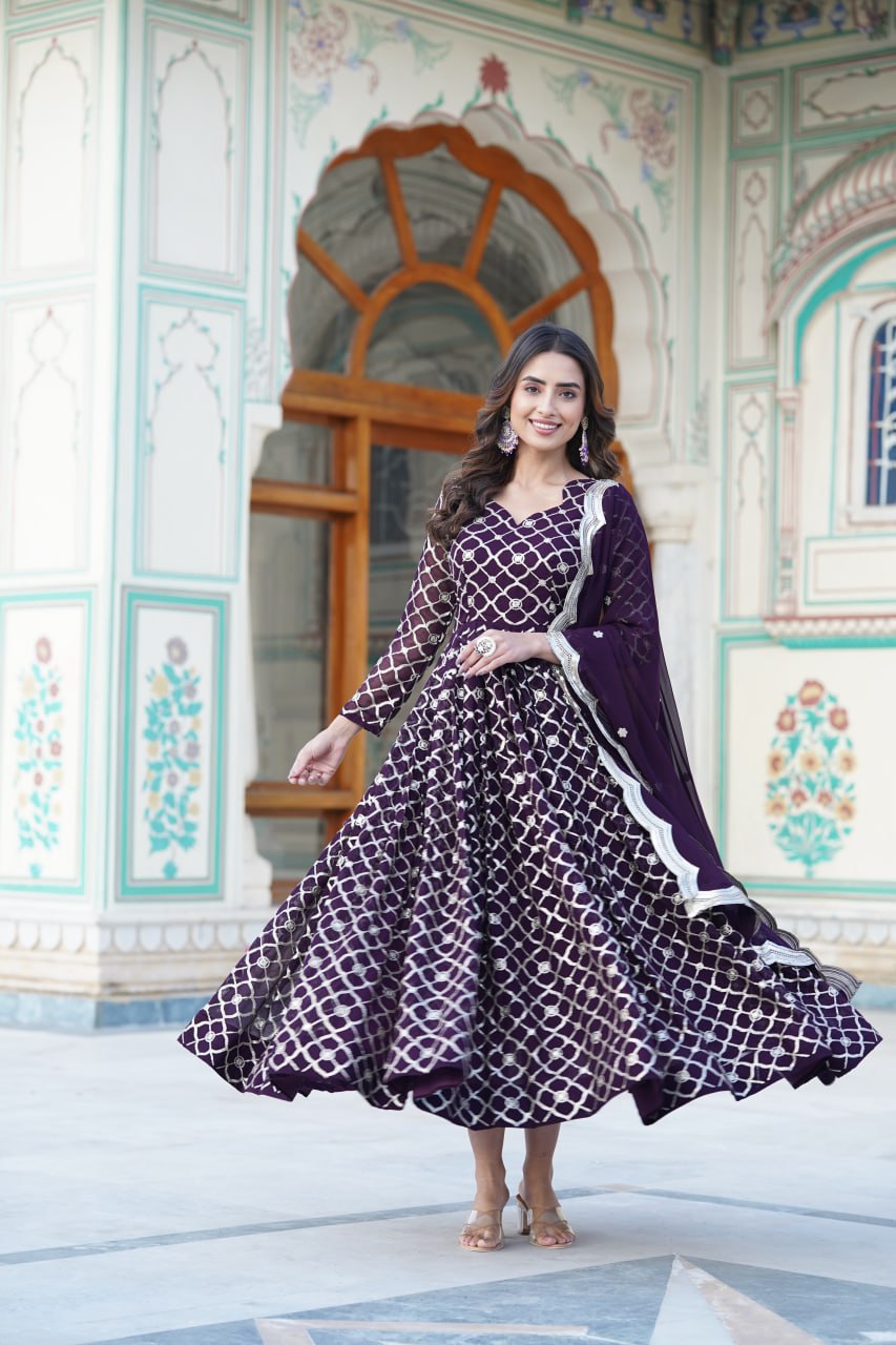 Wine Faux Blooming Sequins Embroidered Anarkali Gown with Dupatta